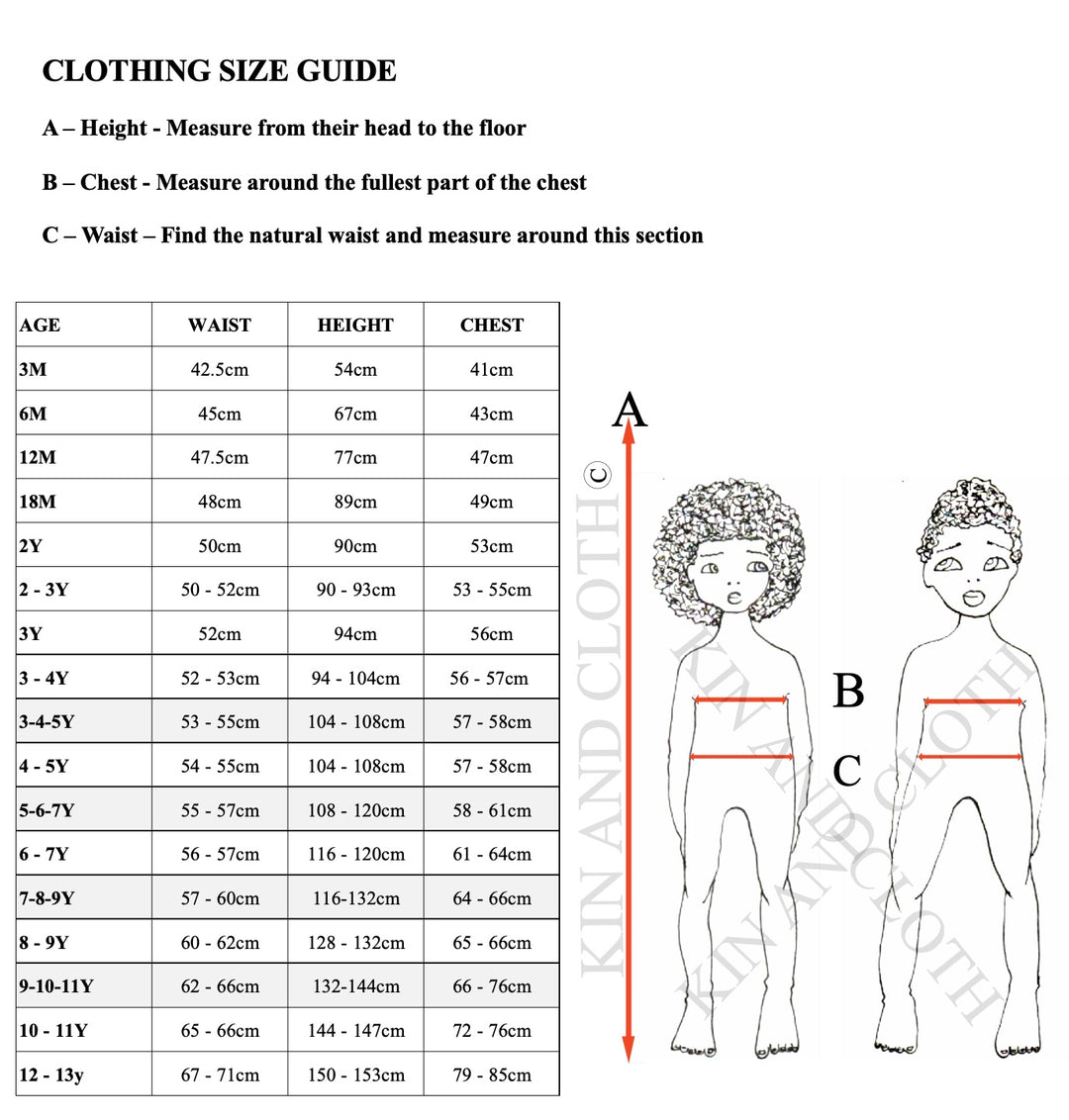 Size Chart – Kin and Cloth