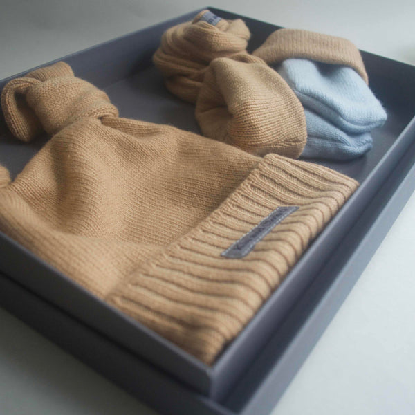 Cashmere Mittens - Sky/Camel